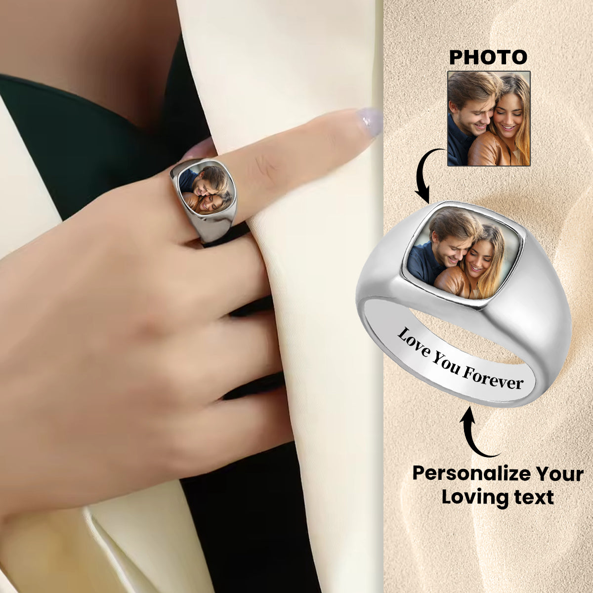 Love You Forever - Personalized Upload Photo Square Ring For Couple