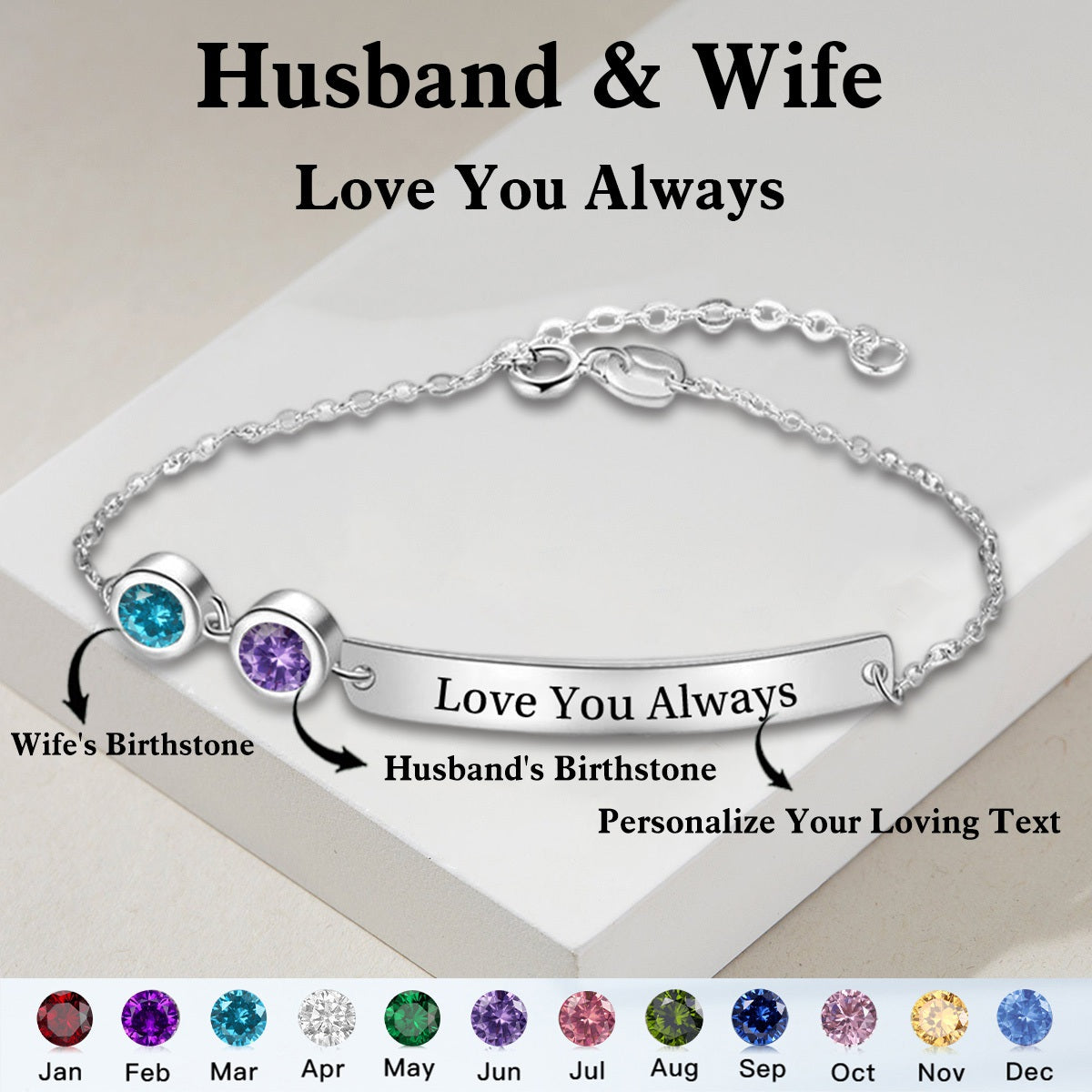 Love You Always - Personalized Couple Birthstones Bracelet