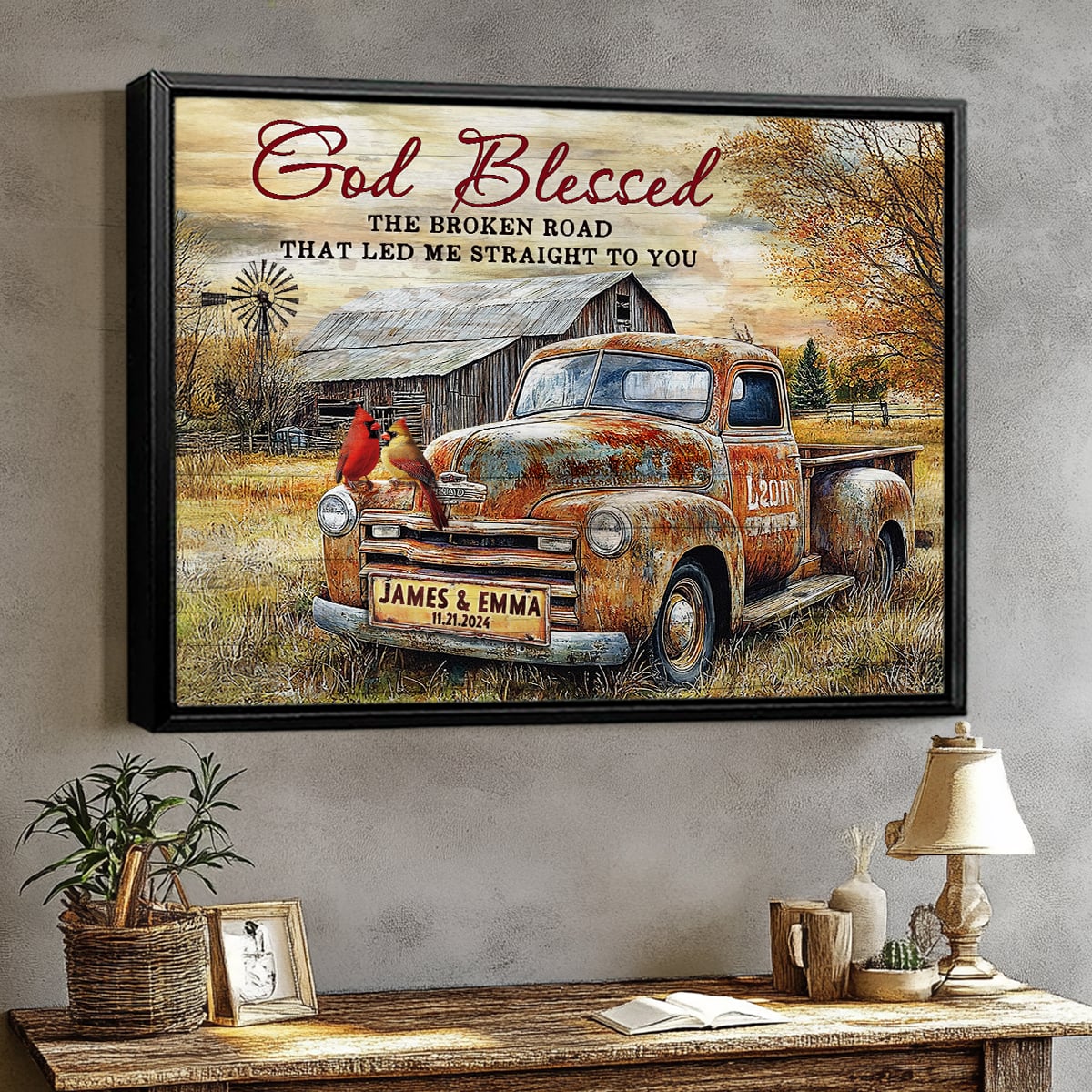 Personalized Gift For Couples Rustic Farmhouse Canvas With Vintage Truck And Cardinals