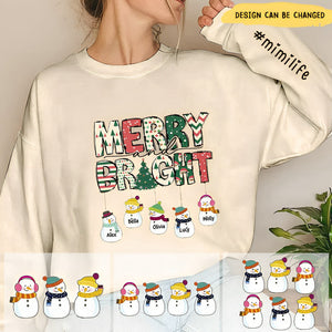 Merry And Bright Nana's Life Cute Snowman Kids Personalized 2D Sweatshirt Sleeve Custom