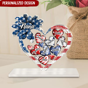 4th of July American Flag Sunflower Nana Auntie Mom Sweet Heart Kids Personalized Acrylic Plaque