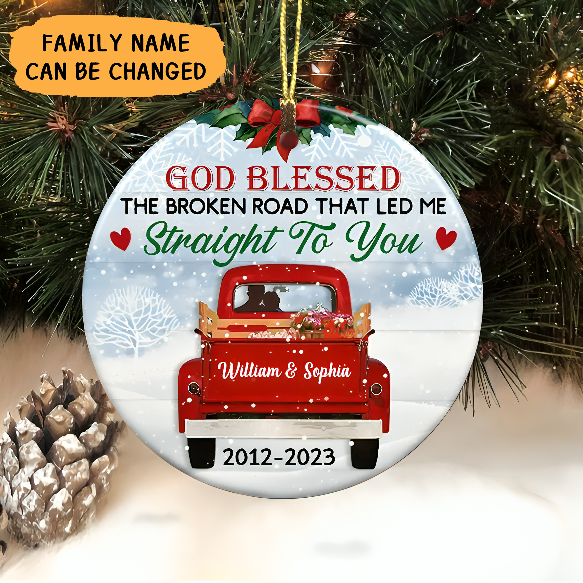 Love Couple Red Truck Christmas Circle Acrylic Ornament